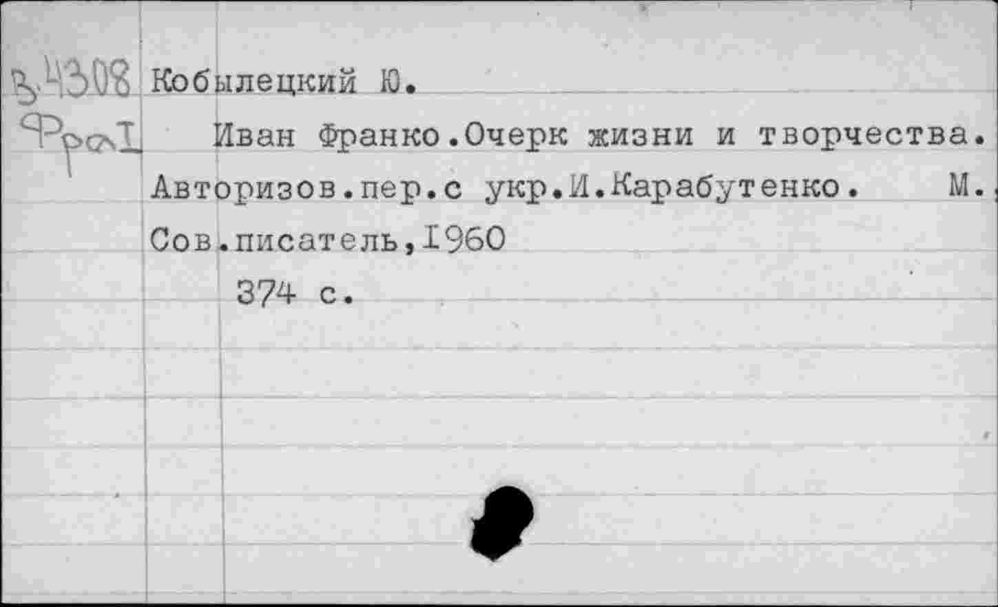 ﻿Уж	Кобылецкий Ю.
	Иван Франко.Очерк жизни и творчества.
Г	Авторизов.пер.с укр.И.Карабутенко.	М.
	Сов.писатель,1960
	374 с.